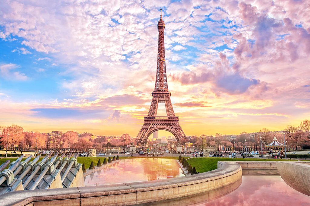 The Eifel Tower at Sunset in Paris.
