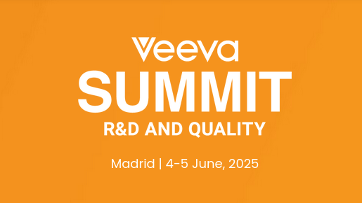 Graphic promoting the Veeva R&D and Quality Summit Europe 2025, taking place on April 8-9, 2025, in Madrid, Spain. The event gathers 1,400+ industry professionals from clinical, regulatory, quality, safety, and IT to discuss the future of life sciences innovation.